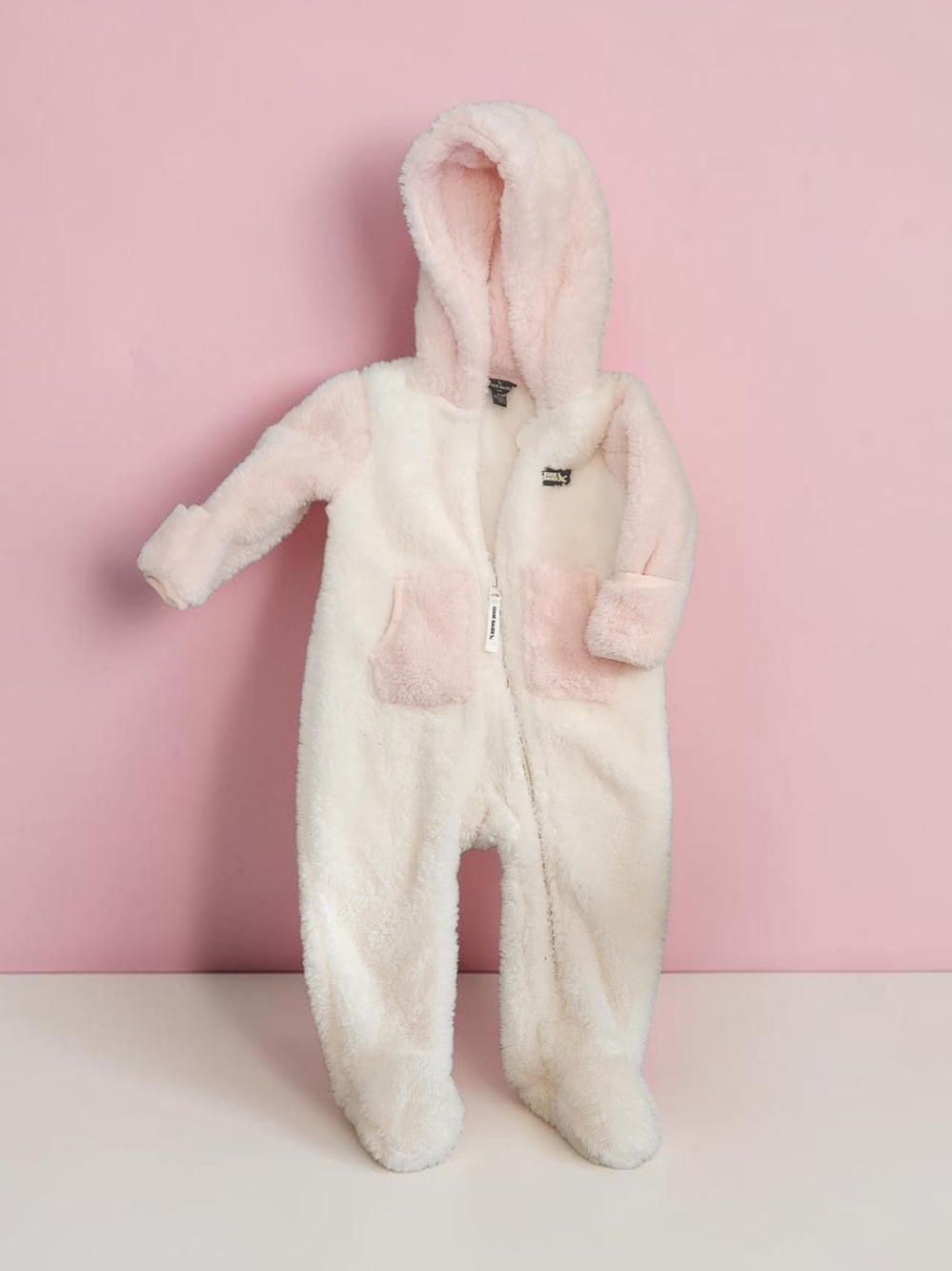 Eddie Bauer Cream and Pink Plush Hooded Infant One-Piece
